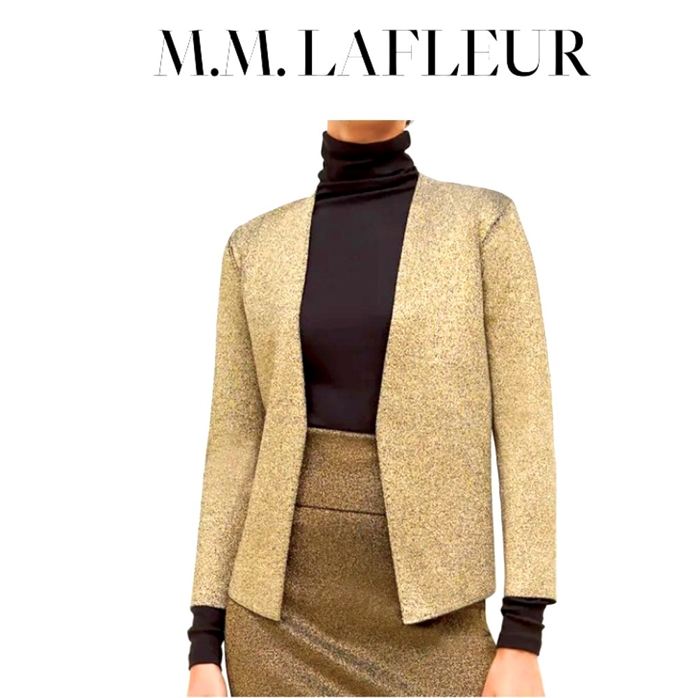M.M. Lafleur Woodf Jardigan Gold Knit Metallic Open Front Cardigan Size M